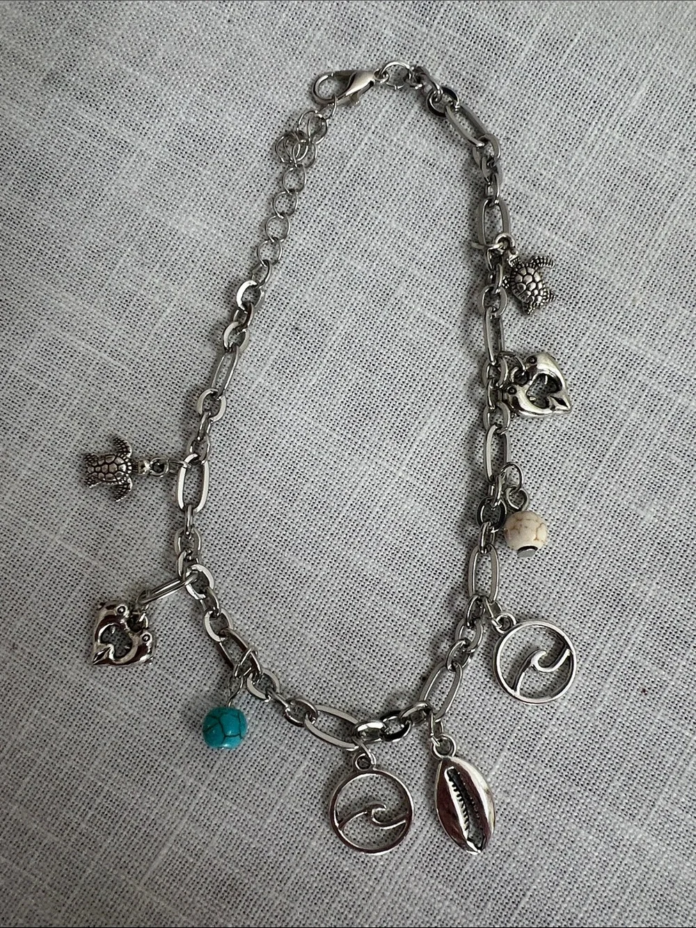🌞 Sterling Silver Charm Bracelet w/Turquoise Accents Turtles Dolphins Whales OS